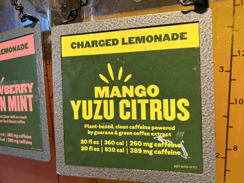 Dispensers for Charged Lemondade, a caffeinated lemonade drink, at Panera Bread, Walnut Creek, California, March 27, 2023.